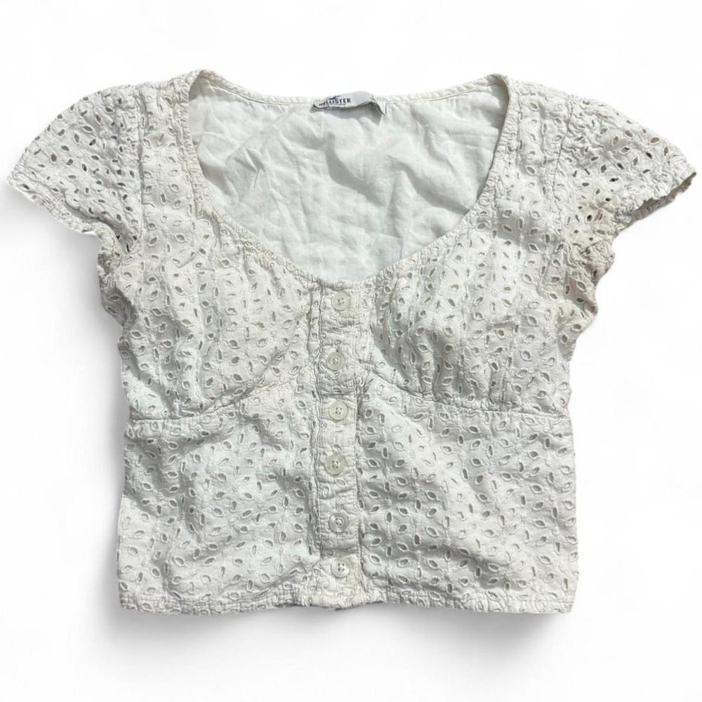 Y2K White Hollister Eyelet Babydoll Button Front Top Size S Light Marks